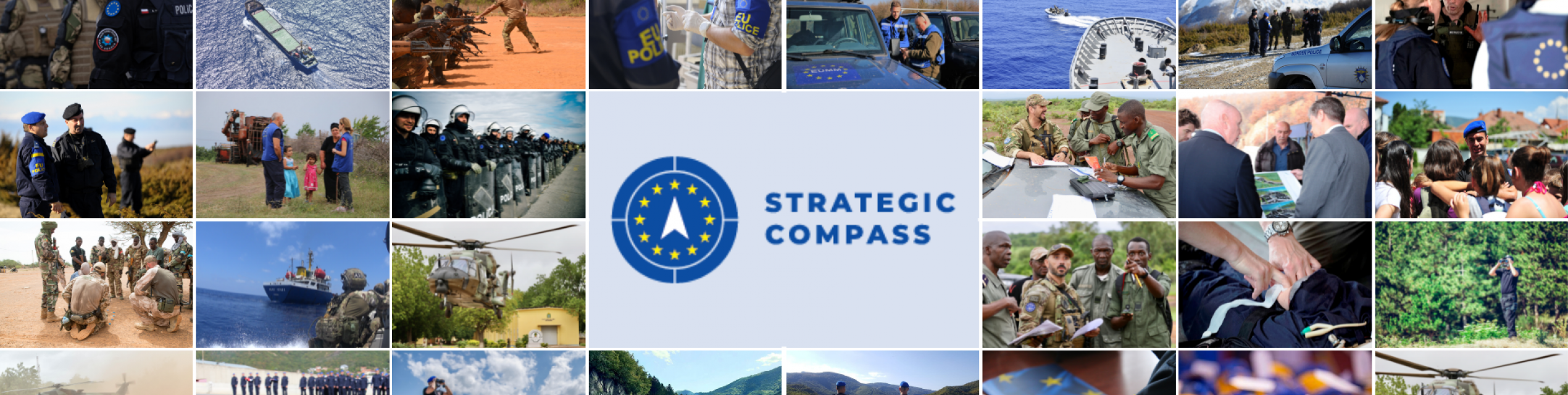 Collage of pictures of EU military staff in action with logo of the Strategic Compass at the centre