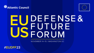 A blue graphic with the title "EU-US Defense & Future Forum" on it.