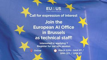EU flag background with event title and details in white.