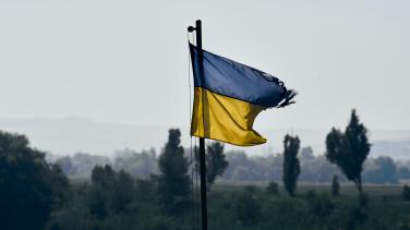 Tattered Ukraininan flag flies above a battlefield on a grey day.