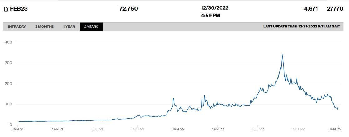Graph presenting the evolution of price for Dutch TTF