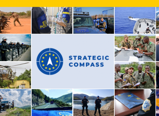 Collage of pictures of EU military staff in action with logo of the Strategic Compass at the centre