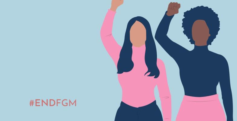 Two women raise ther hands to call for an end to female genital mutilation