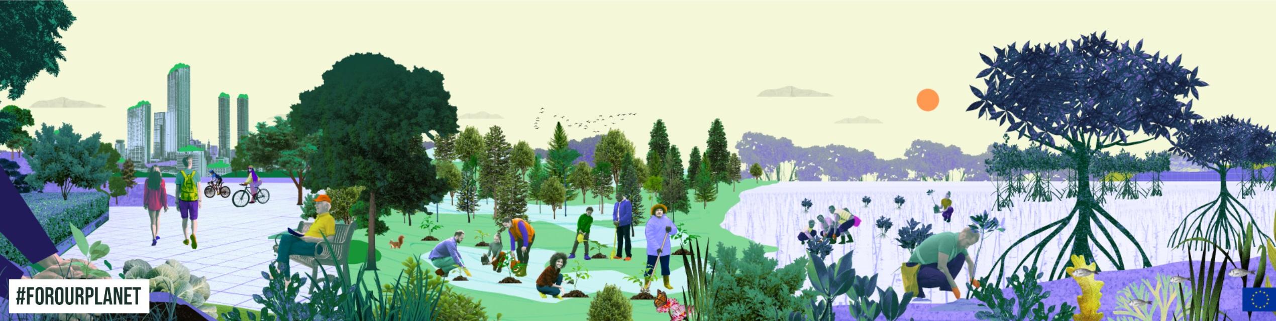Banner che mostra la biodiversità, le città urbane più verdi e la campagna #ForOurPlanet per piantare alberi
