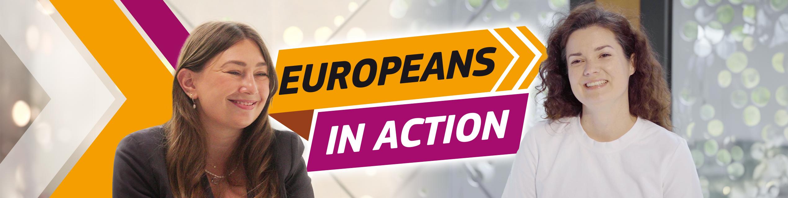Banner with Europeans in Action logo with Kateryna Babkina on the left & Asia Batayeva on the right