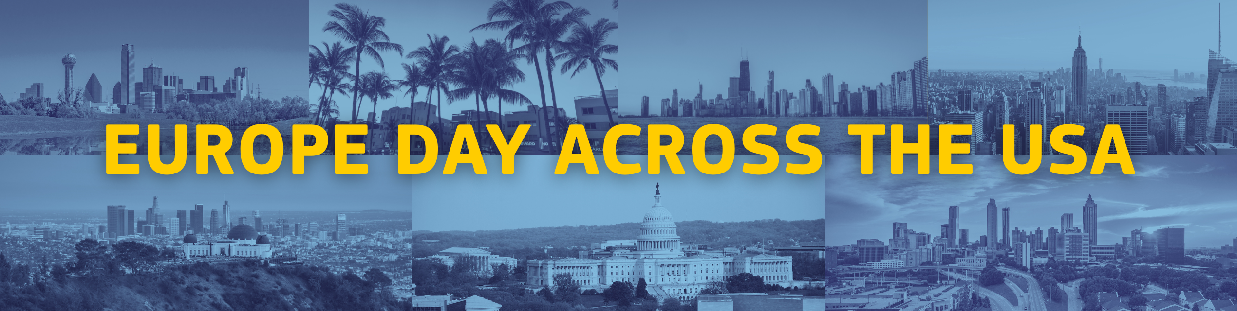 Several images of different U.S. city skylines and then the words "Europe Day Across the USA"