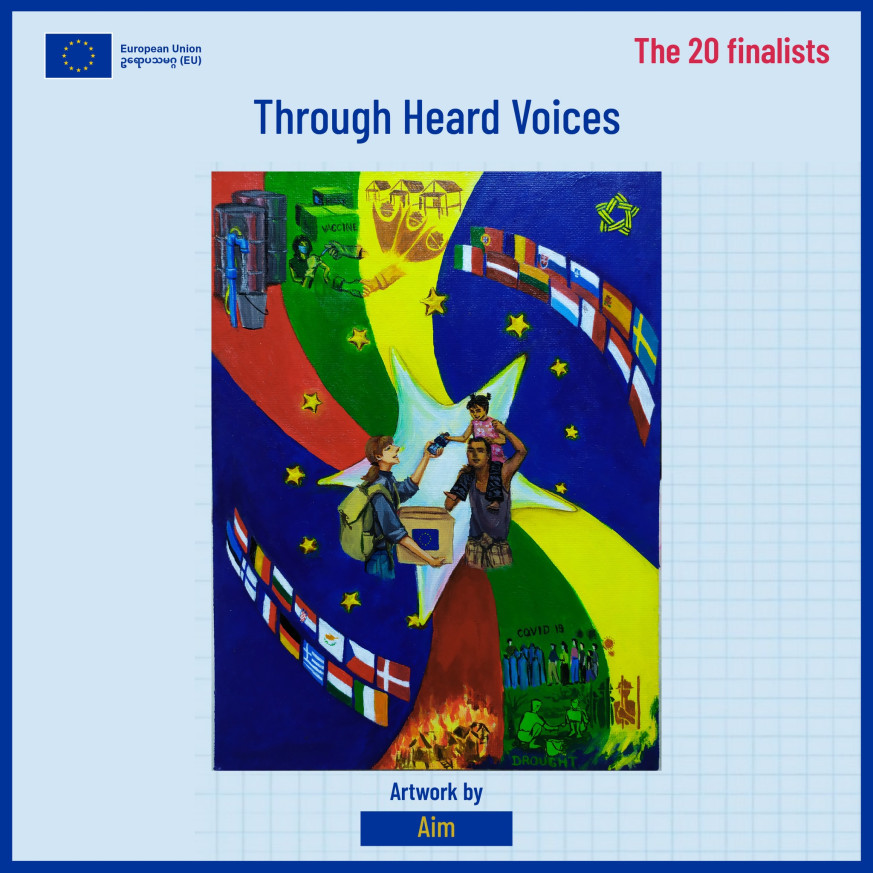 Colorful image with EU flags and Myanmar flag colors