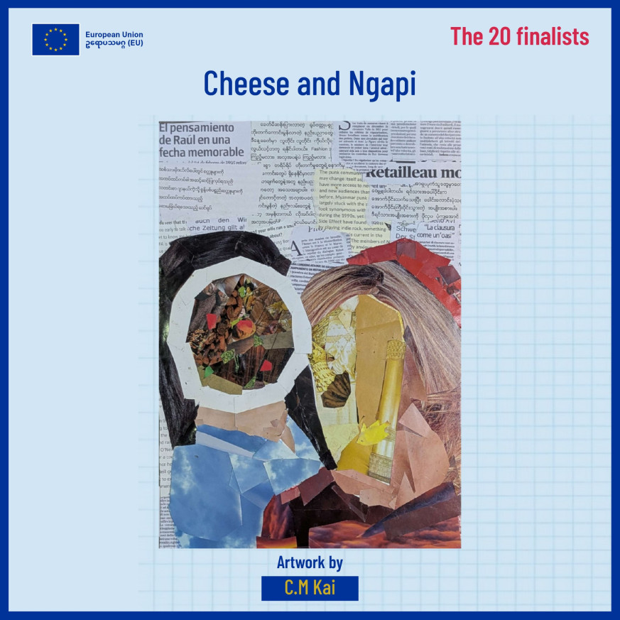 A paper collage with Cheese and Nga-pi photos