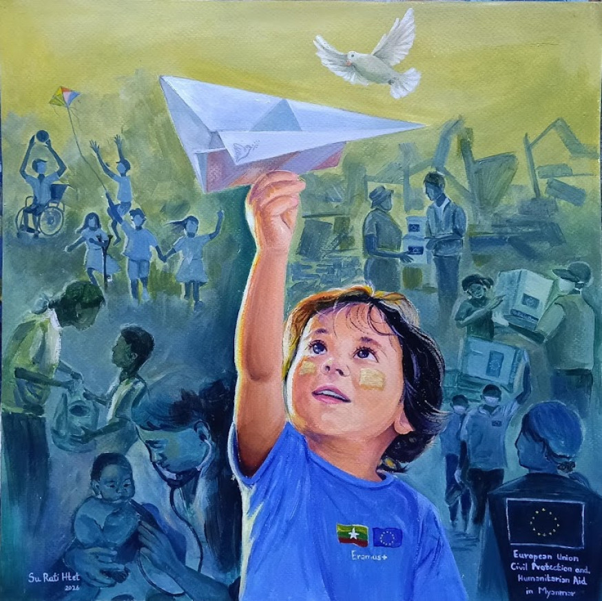 A kid wearing blue shirt playing with paper plane with the background of EU support activities