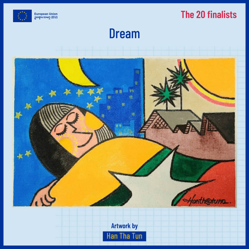 A person sleeping with Myanmar's flag color blanket and dreaming about EU and hope