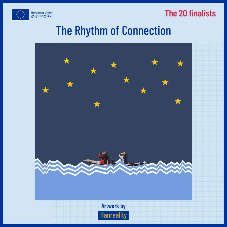 Two persons on a small boat rolling towards the blue sky with stars, intrepreting the EU flag