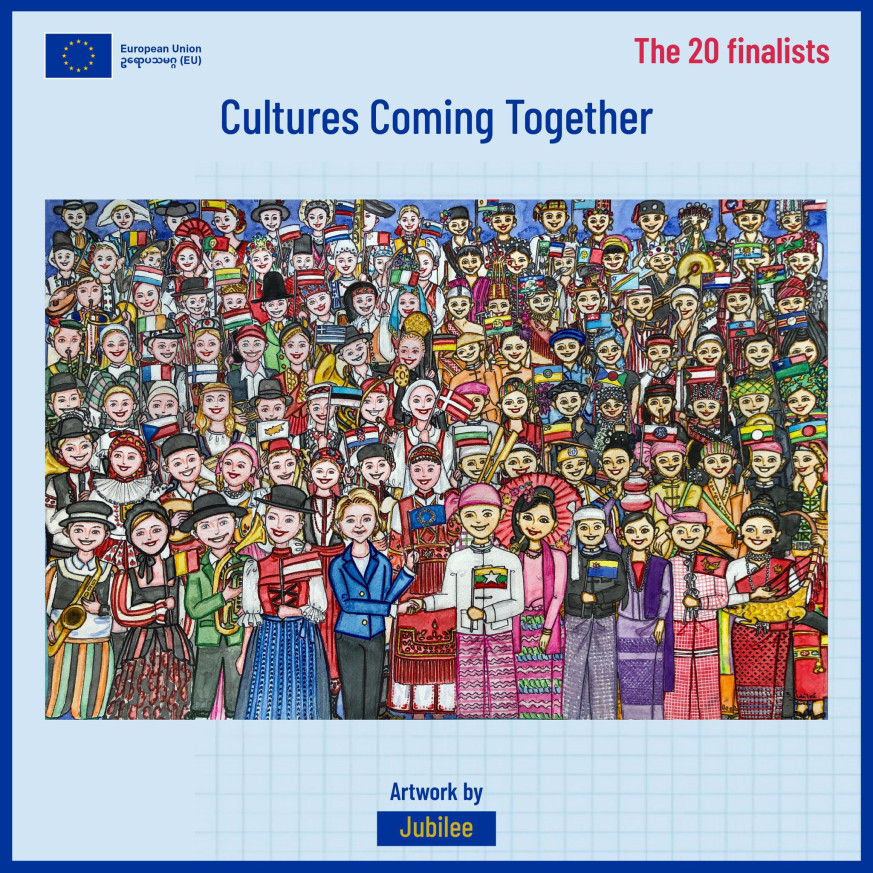 Diverse ethnics from Europe and Myanmar standing and smiling together wearing traditional dresses