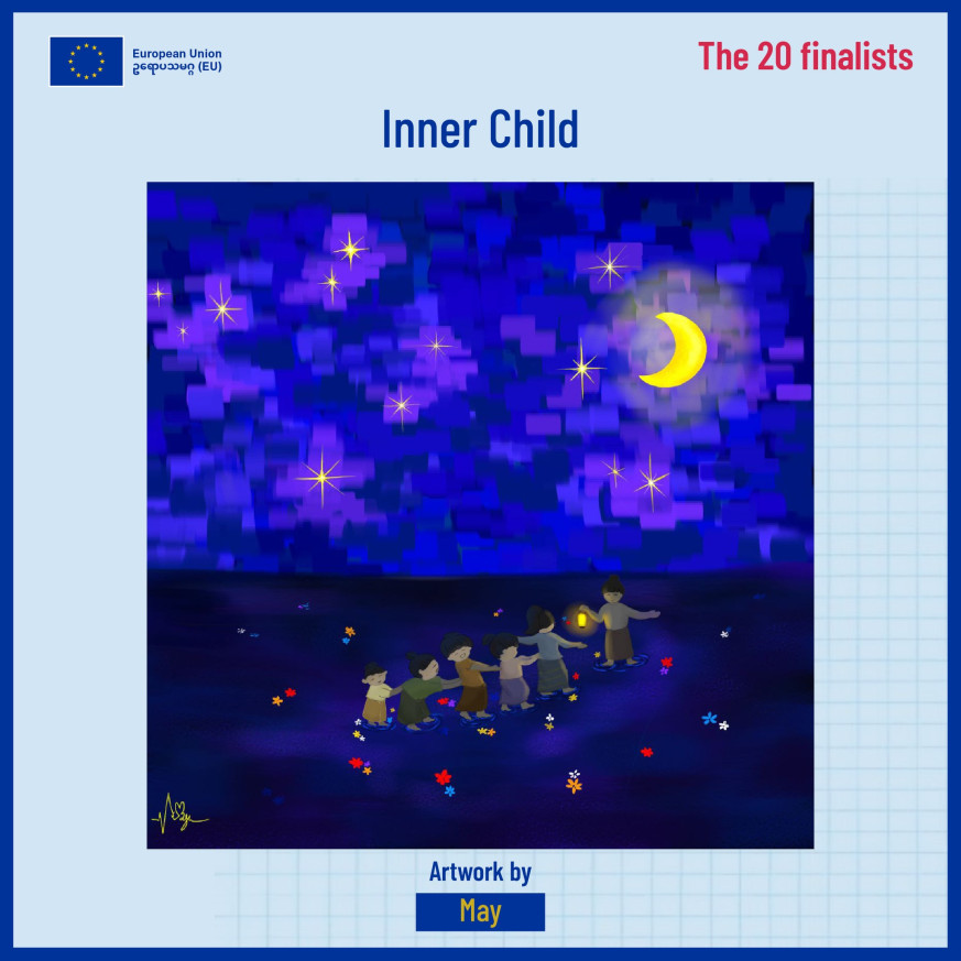 Digital art piece of children walking in a line under the moon, with blue background