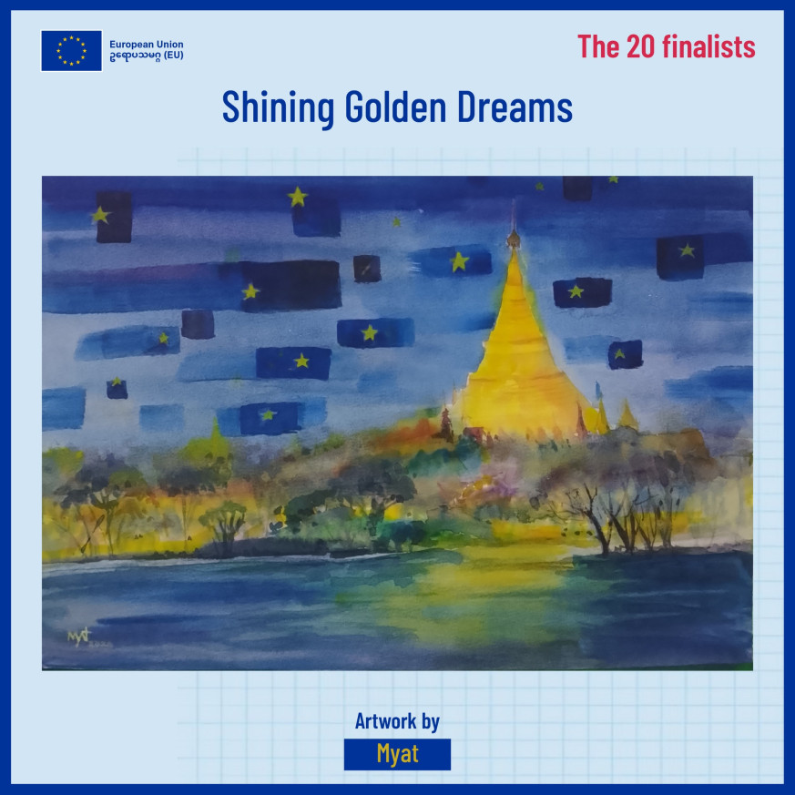 Painting of the Shwedagon Pagoda at night with stars in the sky