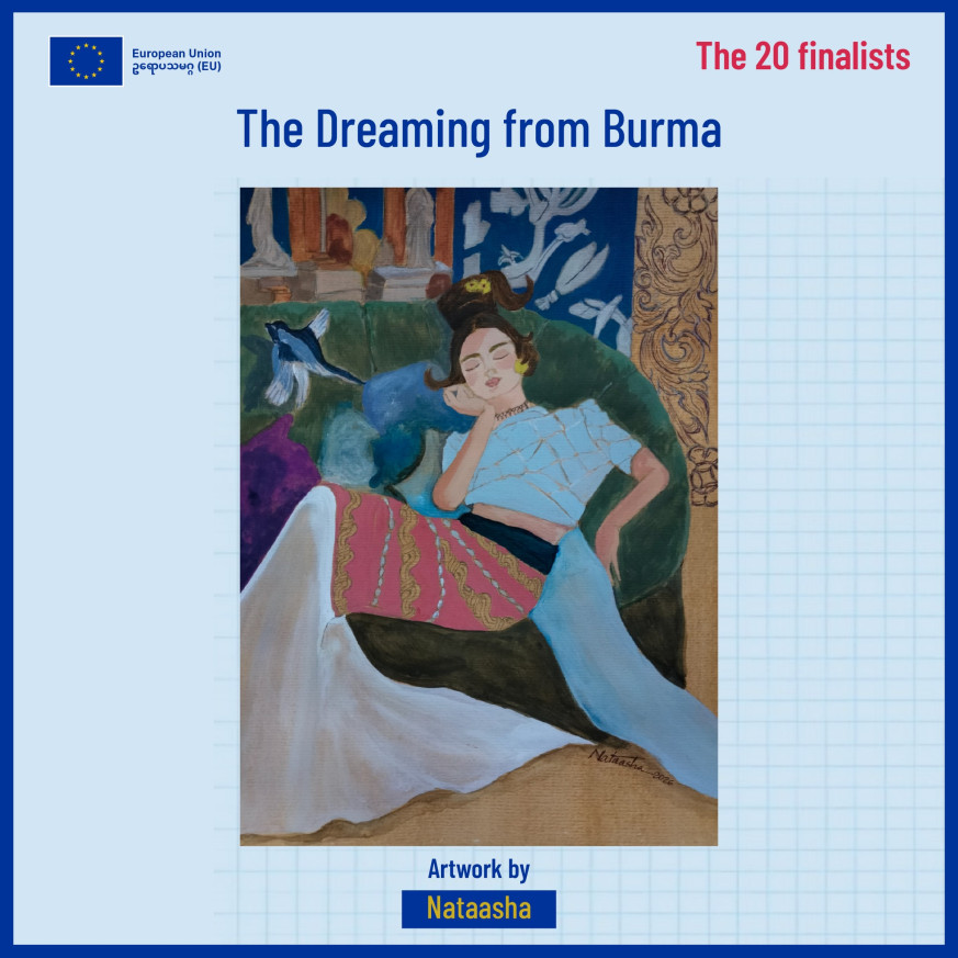 Brumese sleeping on a couch in Matisse-like painting