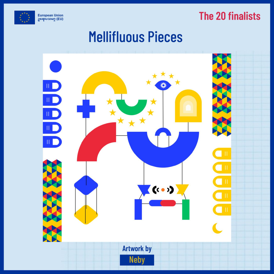 Abstract digital art with circles, half moons and other shapes, in blue, yellow, red and green