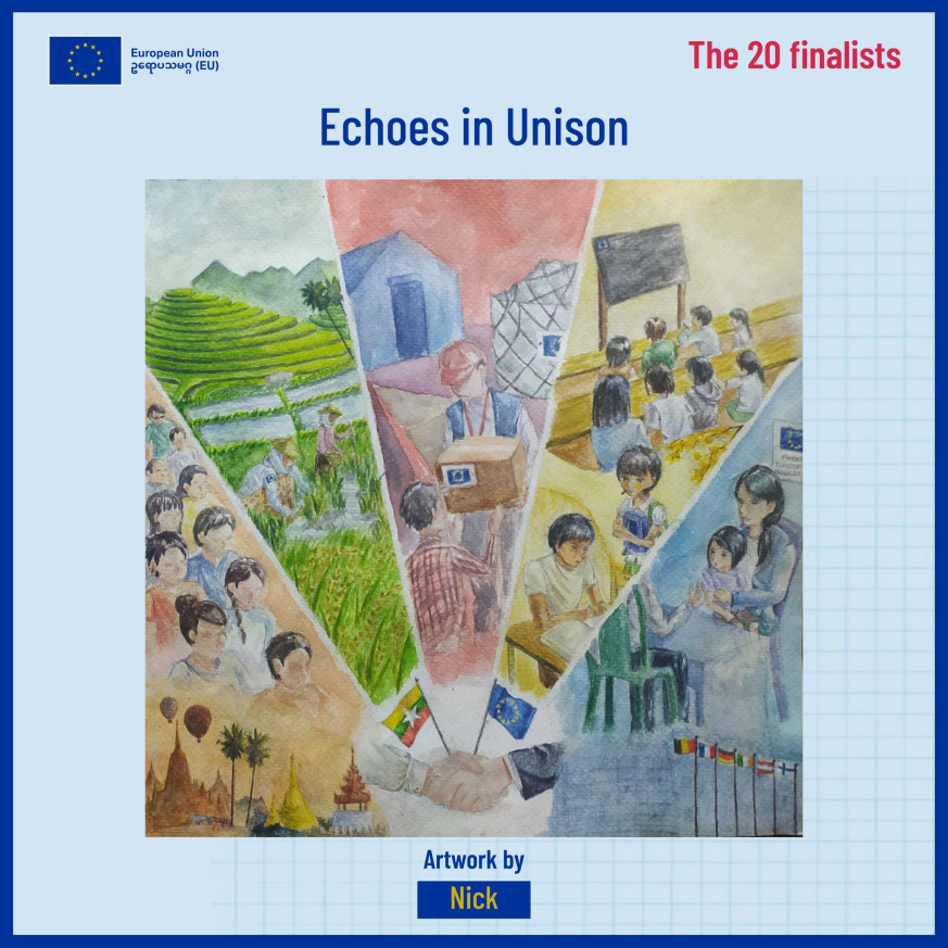 Drawing of handshake and five diverse sections depicting different sectors of EU action in Myanmar