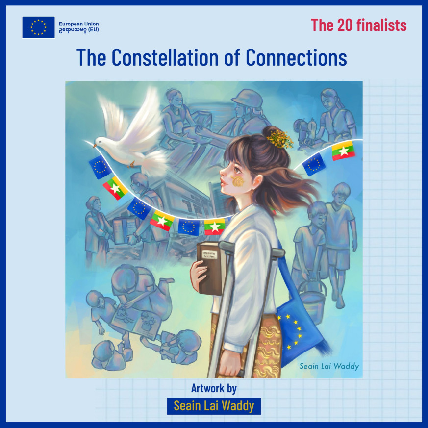 Drawing of girl with EU and MM flags, dove and pictures of EU action in background