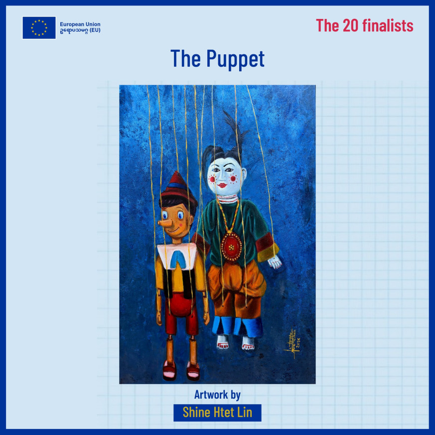 Painting of a puppet of Pinocchio and a Burmese puppet