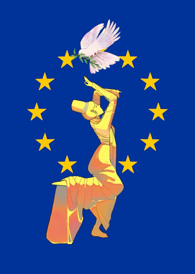 Blue EU flag, with Burmese dancer in front dancing and looking towards a white dove