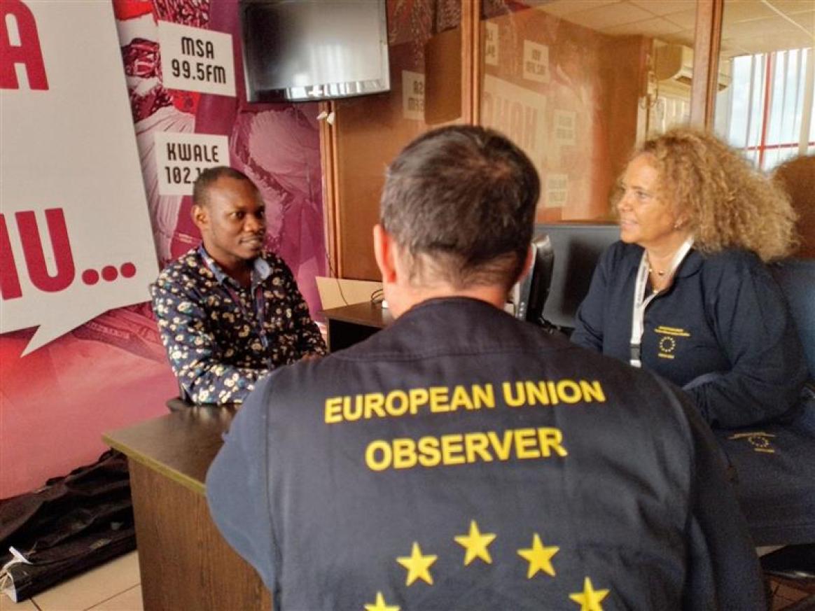 Long-term Observers hold discussions with studio manager of Msenangu FM a vernacular radio station in Mombasa County