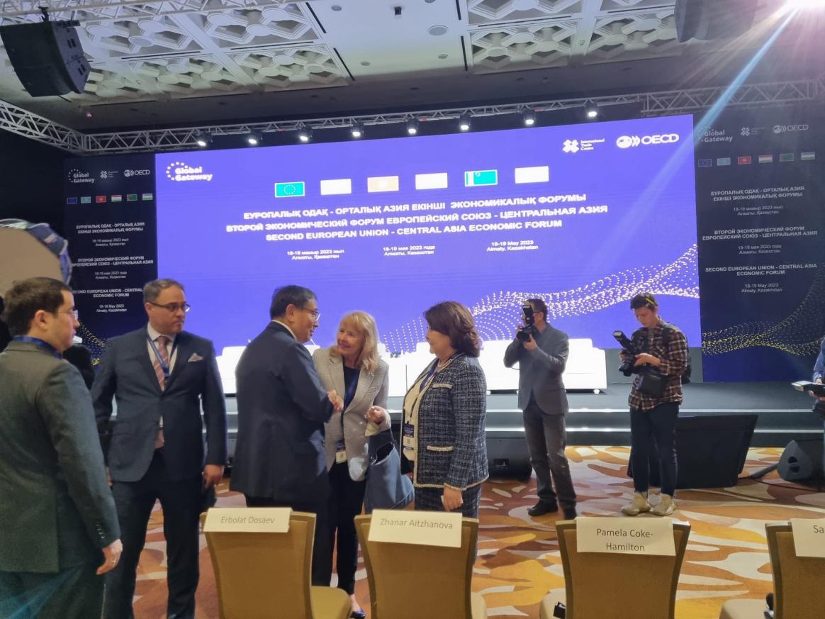 EUSR Terhi Hakala meeting with the Akim of Almaty Erbolat Dosaev and Permanent Representative of the Republic of Kazakhstan to WTO and other international economic organizations Zhanar Aitzhanova