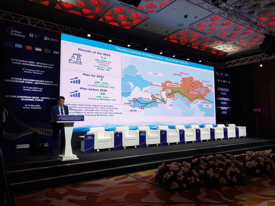 Vice-Minister of Industry and Infrastructure Development of Kazakhstan Almaz Idyrysov, gave a presentation on the “Transcaspian International Transport Route” the results so far and planned infrastructure developments