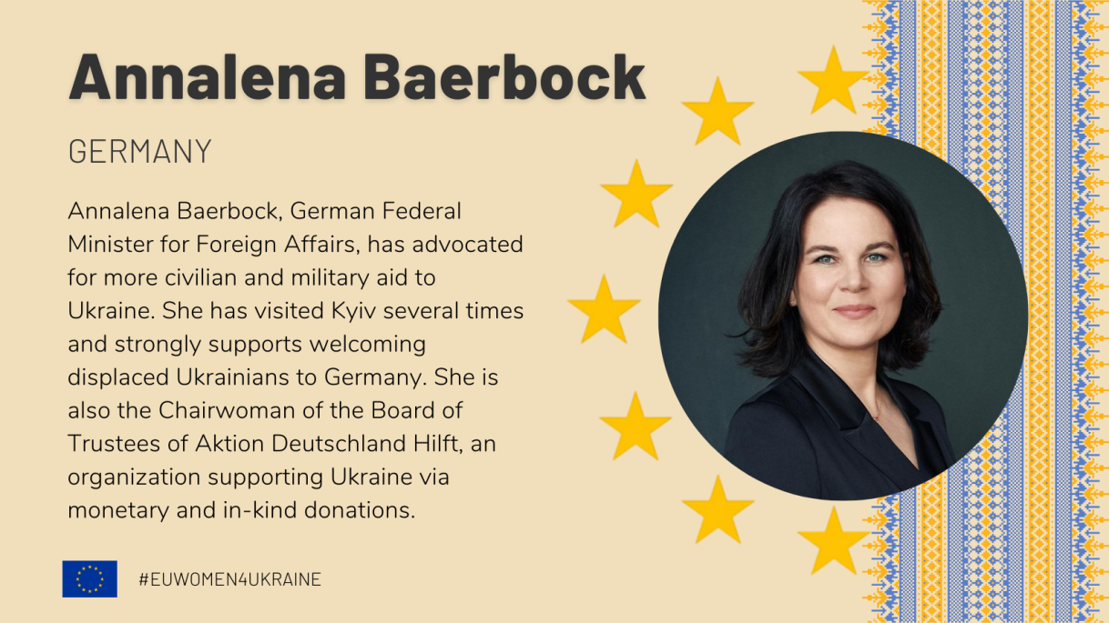 Image of Annalena Baerbock with a description of her contributions.