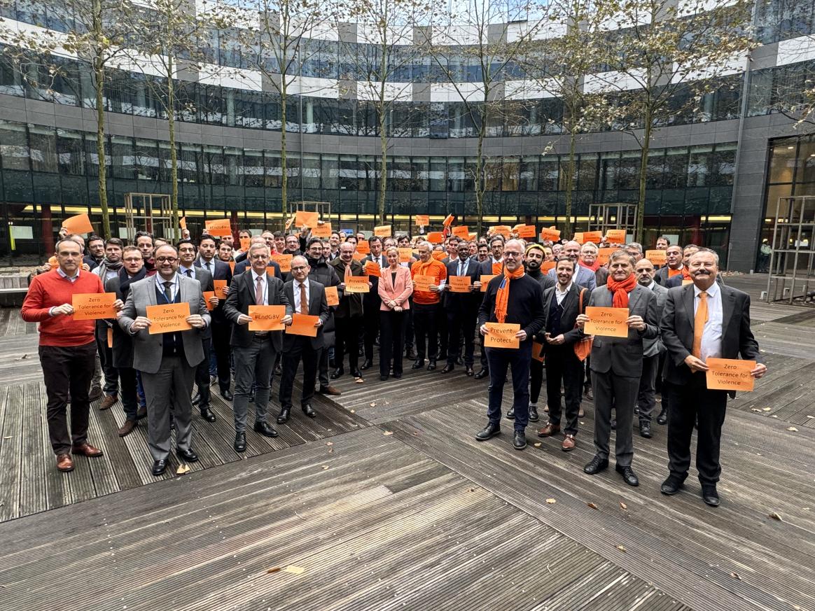 Ambassador for Gender and Diversity, Stella Ronner-Grubačić, in group photo with SG Stefano Sannino and the Men at the EEAS who gathered for the Zero Tolerance initiative