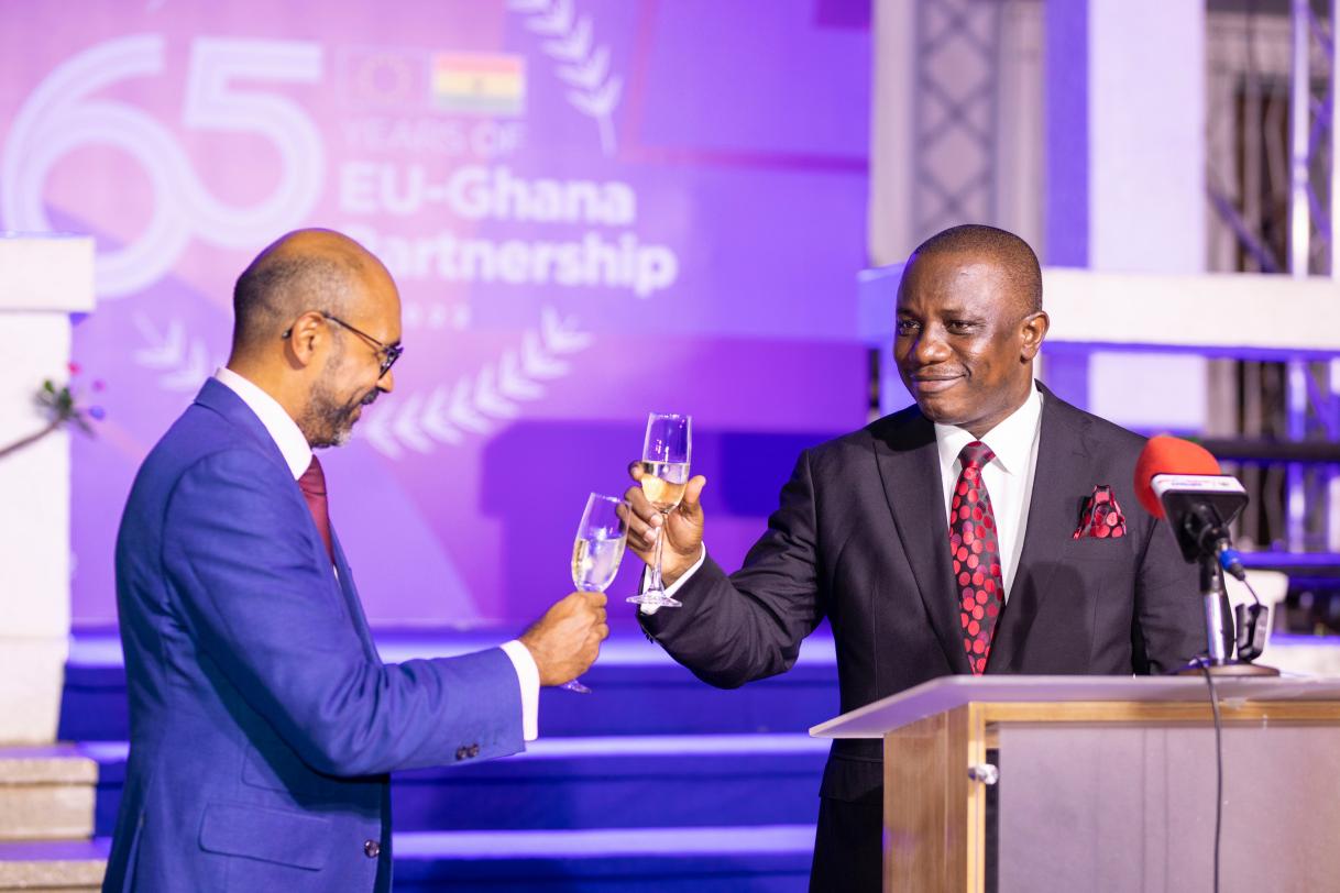 EU Ambassador, Irchad Razaaly, propose a toast to Ghana. Minister of Defence, Dominic Nitiwul, responded to the toast.