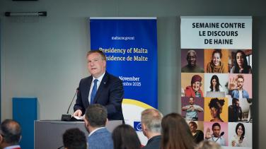 EU Commissioner McGrath delivering a speech at the opening of the No Hate Speech Week at the CoE