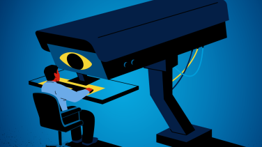 Banner depicting a CCTV looking at a human chained to a desk.