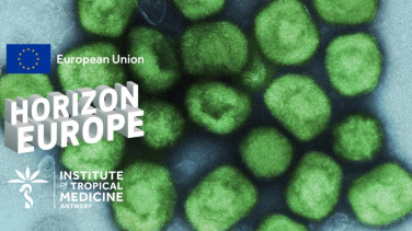Horizon Europe poster with colorised transmission electron micrograph of mpox virus particles 