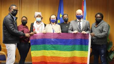 EU Ambassador to Eswatini, Dessislava Choumelova and EU Delegation's Political Counsellor, Robert Adam, with representatives of the LGBTI community in Eswatini on 17 May 2022 at the EU offices in Mbabane.