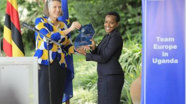Journalist Agather Atuhaire receives the 2023 EU Human Rights Defenders Award from Netherlands Ambassador to Uganda H.E Karin Boven