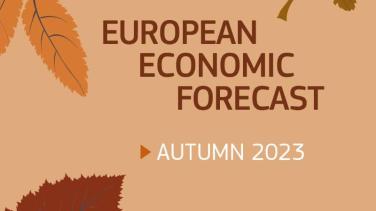 visual for Autumn 2023 Economic Forecast in each corner there are leaves in the bottom right corner is the European Commission logo