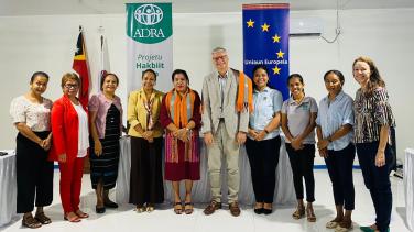 Photo group of the EU Ambassador with SEII, Rede Feto and ADRA at the new signed agreement under the EU Funded Hakbiit Feto Project