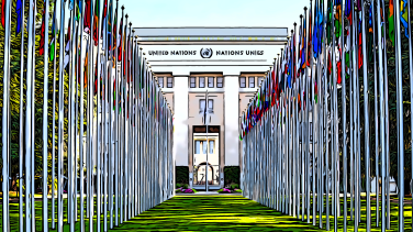 UN Palais Geneva cartoon