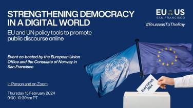 Blue graphic with event title, images of EU and UN flags, and voting ballot.