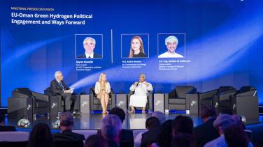 Fireside Chat at the Green Hydrogen Summit Oman 2023. Featuring details about the EU-GCC Cooperation on Green Transition event. Key speakers include H.E. Eng. Salim Bin Nasser Al Aufi, Minister of Energy and Minerals, Oman, and H.E. Kadri Simson, EU Commissioner for Energy. Date: December 13, 2023, Time: 14:00 - 17:20, Venue: JW Marriott, Muscat, Oman. Session highlights include EU-GCC Green Transition Cooperation, Renewable Hydrogen in Oman, Promoting Dialogue and Cooperation, and The EU and Om