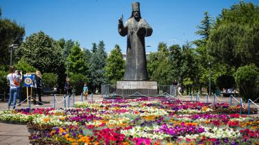 Flower carpet in front of the Saint Peter of Cetinje Monument in Podorica