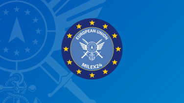 Round-shaped logo for Milex 24 with 2 swards and strategic compass on a blue background