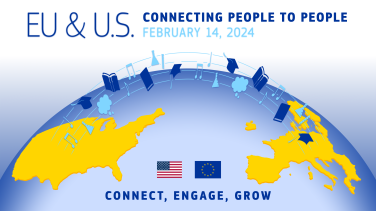 A blue globe with the U.S. and EU continents in yellow with different icons flowing between them.