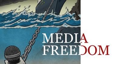 visual showing a ship named democracy riding the waves that is anchored to the microphone. Microphone is imbedded in seabed and has a Free Press text written on it