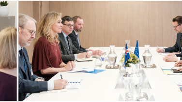 Two pictures. On the left showing two women; on right picture of a meeting table with 8 people