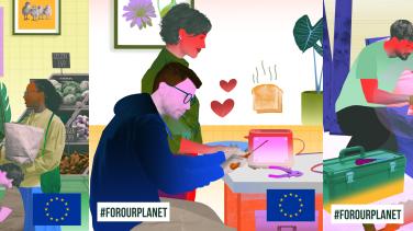 three images showing food purchase, two people repairing electronics and two people making furniture