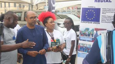 EU Ambassador to Ghana Irchad Razaaly at an exhibition stand of an EU funded project at the fair.