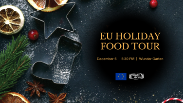 Image of metal cookie cutters, spices, and fruit with the words "EU Holiday Food Tour" next to them.