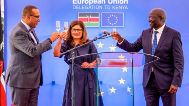 A toast to the EU! Kenya's Cabinet Secretary for Tourism Hon Najib Balala (L) and Cabinet Secretary for Labour Hon Simon Chelugui (R) join Ambassador Henriette Geiger in a toast on Europe Day.  Labour 