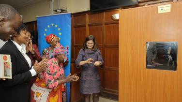 EU Ambassador Henriette Geiger joins Judiciary officials at the launch of the witness protection boxes.
